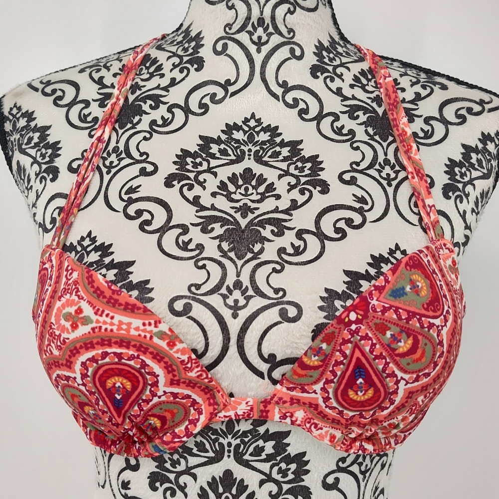 Hollister Red and Coral Orange Paisley Bikini Top Women's Size 34A